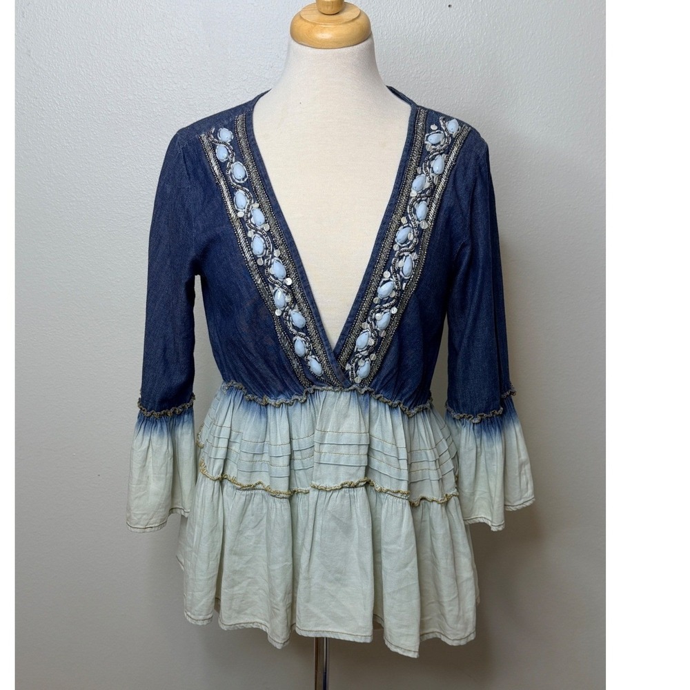 Buby's Boho Denim‎ Peasant Top Sz S Bell Sleeve Boho Festival Western